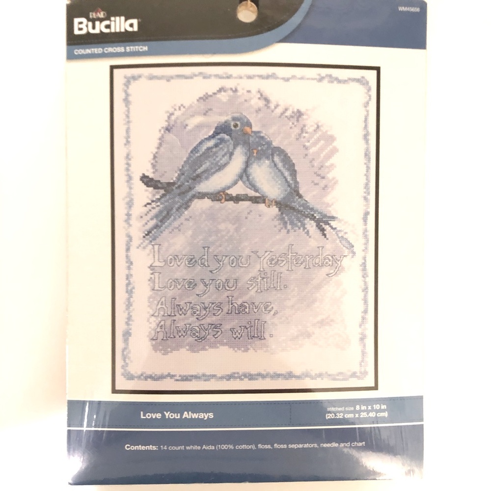 Bucilla counted cross-stitch Blue Lovebirds